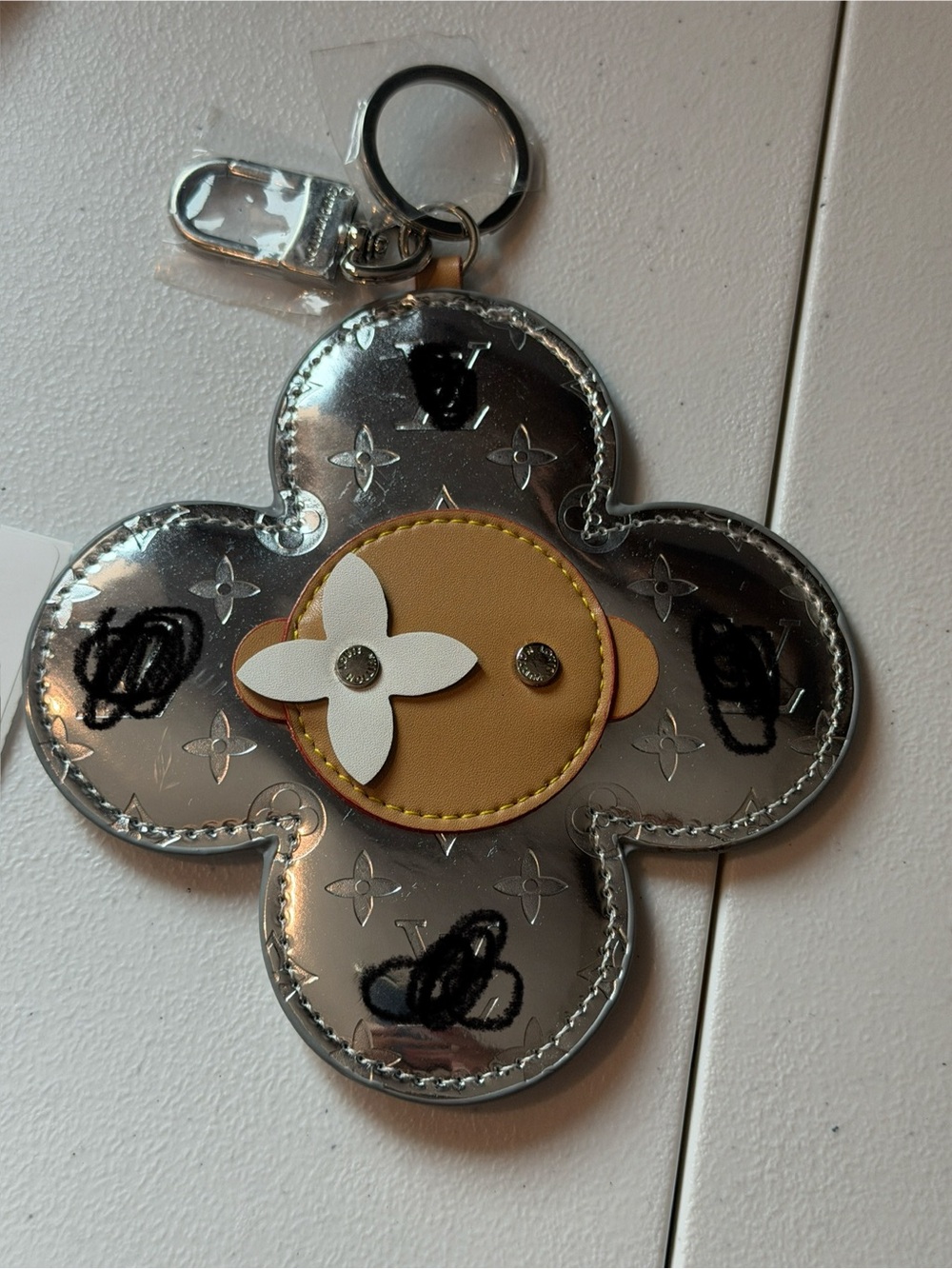 Silver & Tan Flower Keychain with White Accent